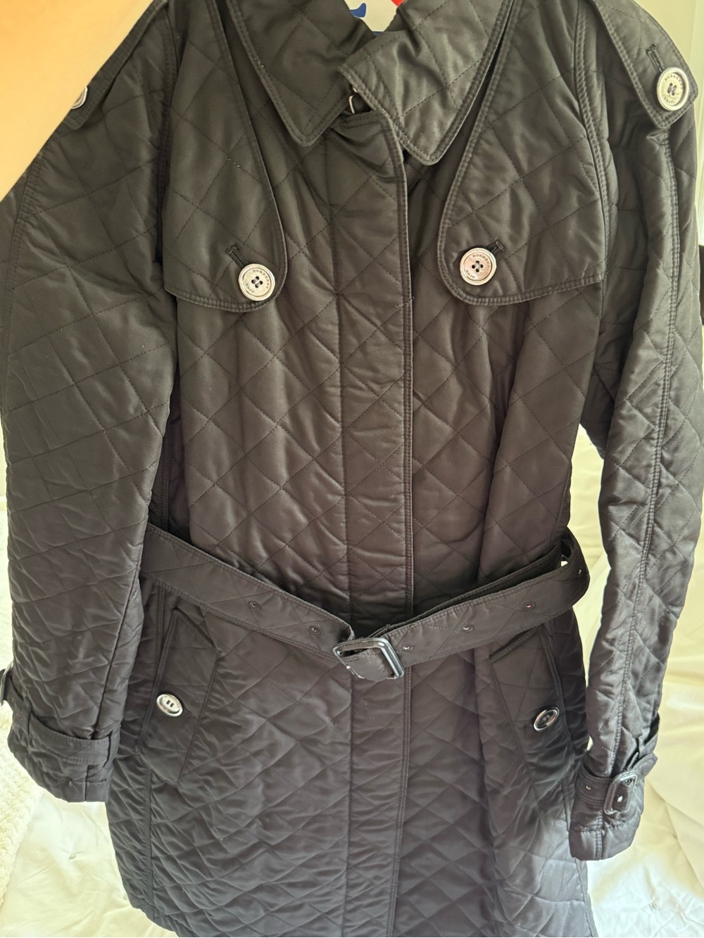 Burberry Quilted Black Trench Coat with Belted Waist
